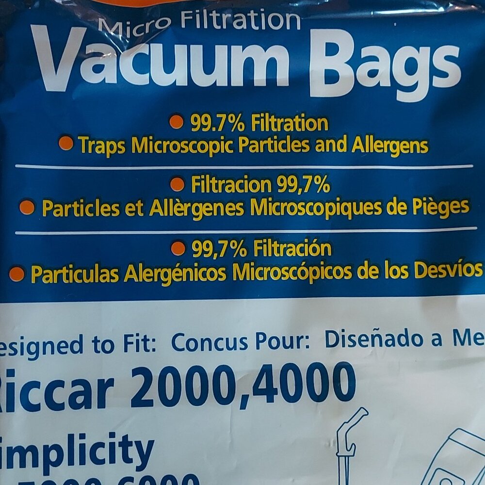 Riccar 2000 4000 and Simplicity 5000 6000 Type A Vacuum Bags Microfiltration